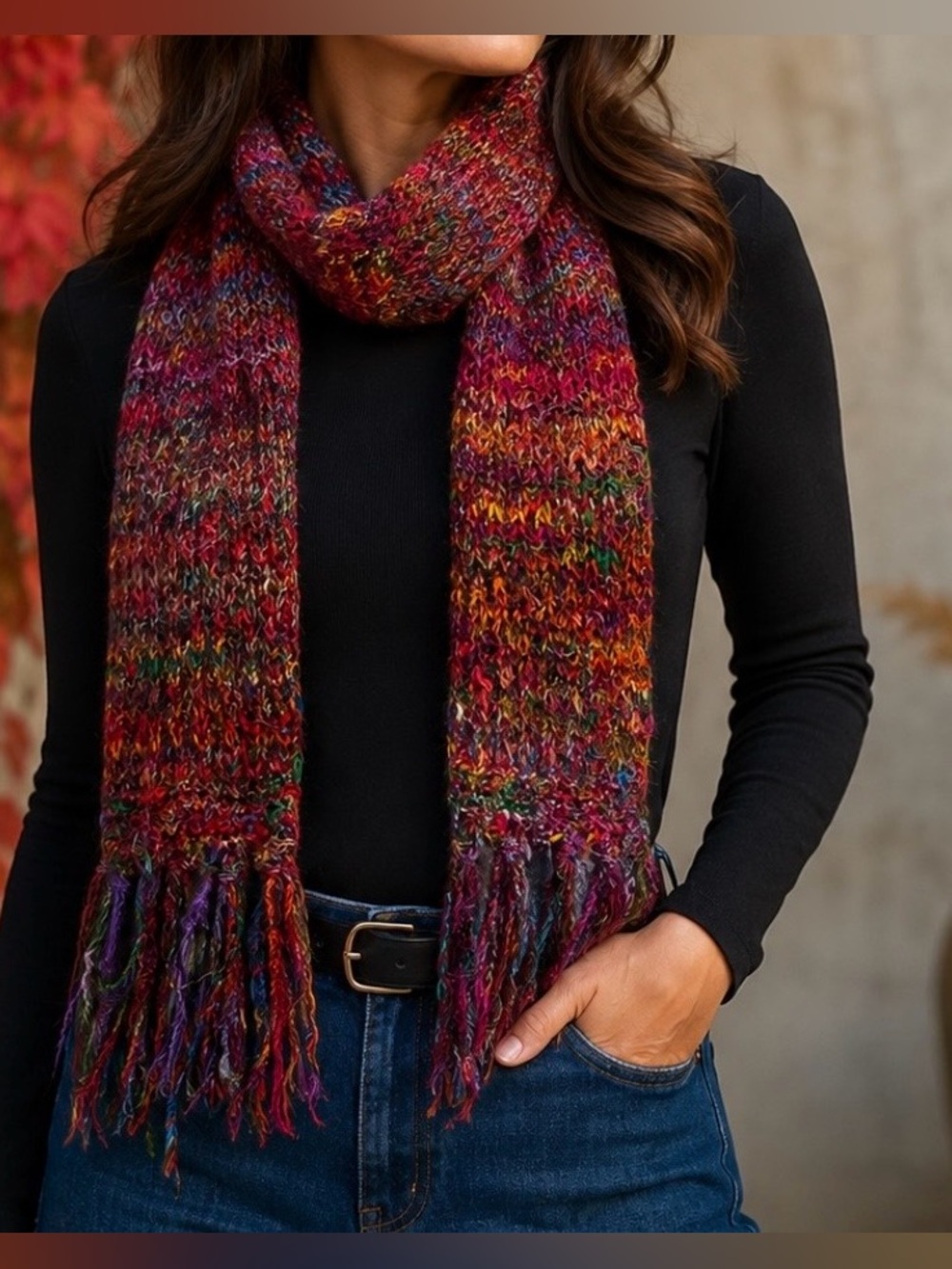 100% Silk Nepal Vintage Hand Dyed Knit Scarf Shimmery Yarn Multi Texture 68”